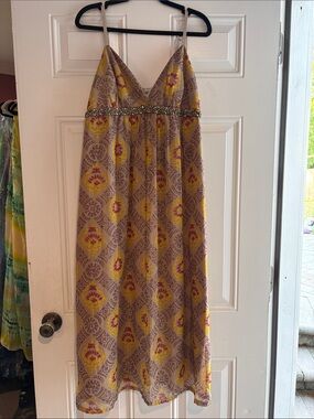 Embellished Yellow Print Maxi Dress with V-Neck
